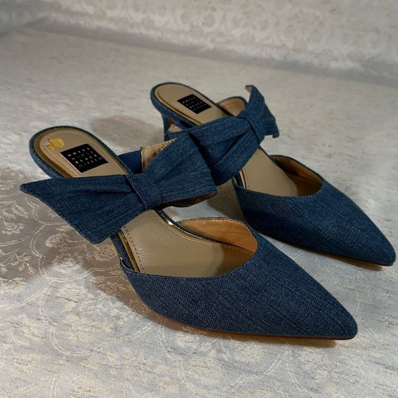 White House Black Market Denim Bow Pointed-Toe Mules – Size 7M - Picture 4 of 6